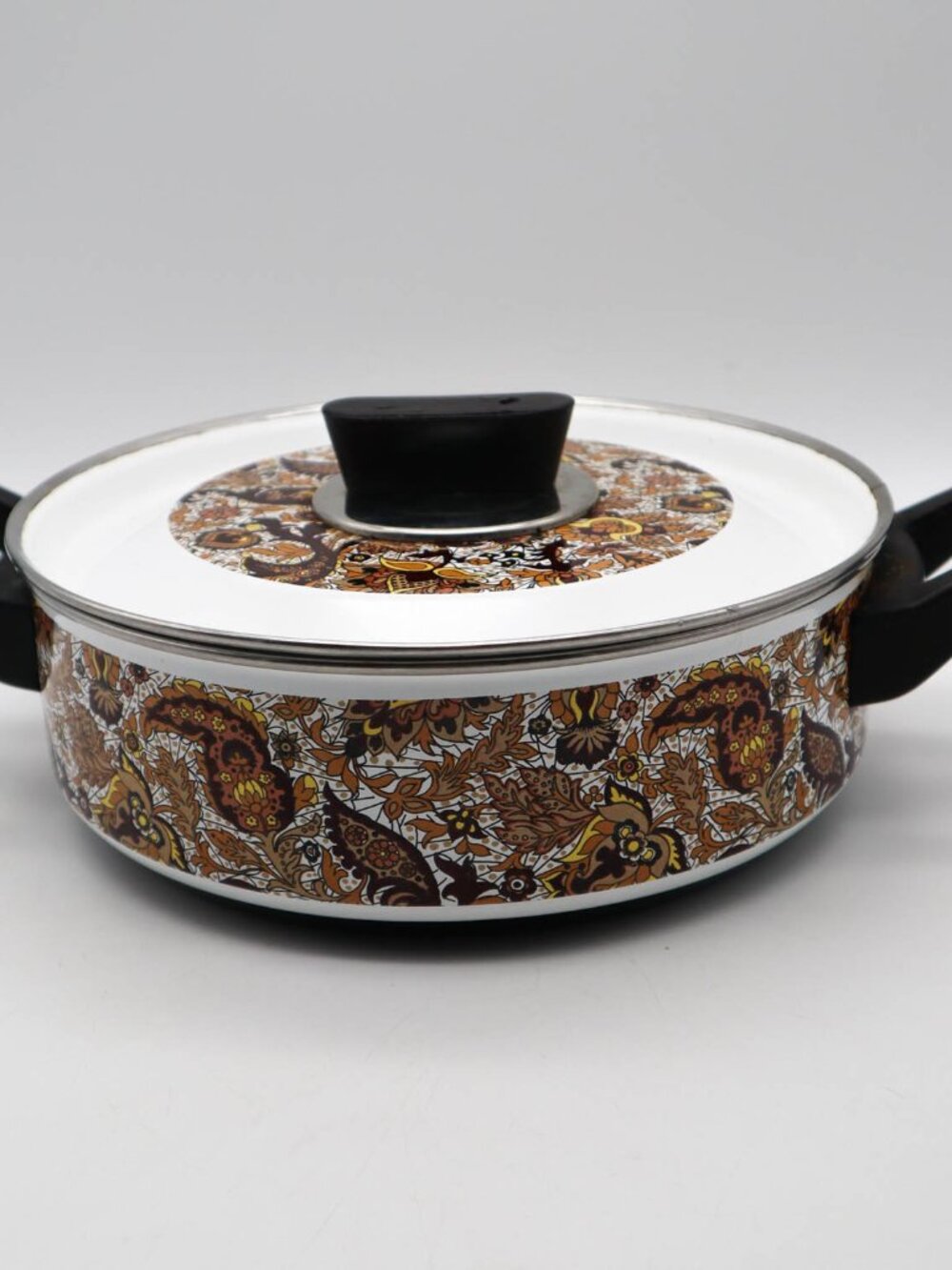 Vtg Fancipans Enamel Ware Sauce Pan Skillet 9" w/ Lid Brown Paisley Groovy '70s